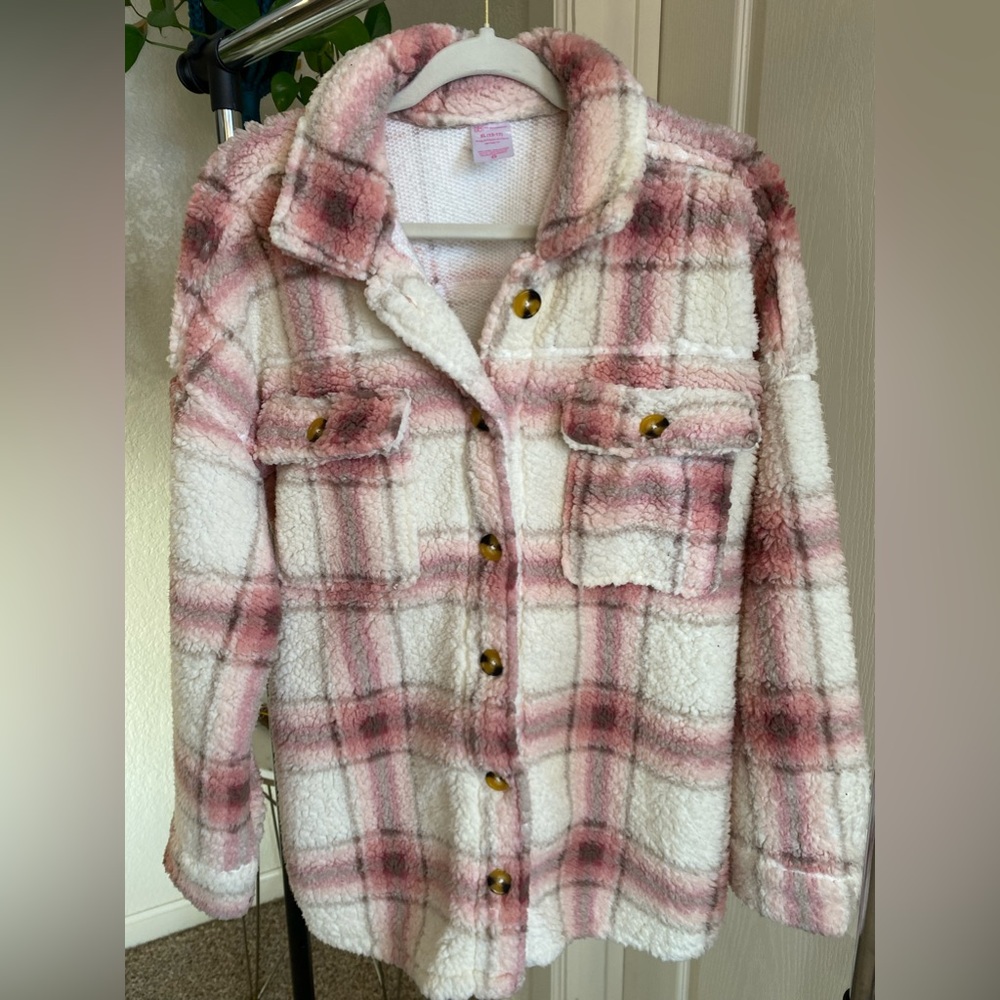 Pink and White Cozy Pink Winter Flannel Jacket Shacket XL